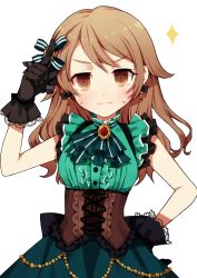 Rule 34 | 1girl, @ @, absurdres, ascot, bare arms, black gloves, brooch, commentary, corset, dress, earrings, frilled gloves, frills, gloves, green dress, hair down, hand on own hip, highres, idol, idolmaster, idolmaster cinderella girls, idolmaster cinderella girls starlight stage, jewelry, light brown hair, long hair, looking at viewer, morikubo nono, pinkiepies2, pointing, pointing up, salute, simple background, sleeveless, solo, sweatdrop, upper body, white background
