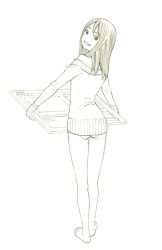 Rule 34 | 1girl, barefoot, grin, looking at viewer, looking back, monochrome, no pants, original, panties, sketch, smile, solo, sweater, traditional media, underwear, yoshitomi akihito