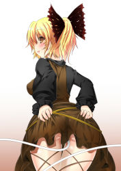 Rule 34 | 1girl, ass, bad id, bad pixiv id, blonde hair, blush, bow, breasts, brown hair, clothes lift, dress, dress lift, female focus, from behind, hair bow, inu3, kurodani yamame, looking at viewer, looking back, ponytail, profile, ribbon, short hair, silk, simple background, skirt, skirt lift, solo, string, teasing, touhou