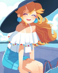 Rule 34 | 1girl, ^ ^, absurdres, bare shoulders, blonde hair, blouse, closed eyes, denim, denim shorts, earrings, flat color, hat, high-waist shorts, highres, jewelry, long hair, mario (series), nintendo, no lineart, open mouth, princess peach, shirt, shorts, sitting, smile, solo, spacegarbage, super mario odyssey, teeth, water, white shirt