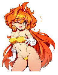 Rule 34 | 1girl, ;d, absurdres, bikini, blush, breasts, cleavage, collarbone, commentary, earrings, english commentary, gloves, hair between eyes, highres, jewelry, lina inverse, long hair, looking at viewer, medium breasts, one eye closed, open mouth, orange hair, red eyes, simple background, slayers, slugbox, smile, solo, sweat, swimsuit, thighs, white background, white gloves, yellow bikini