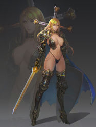 Rule 34 | 1girl, armor, armored boots, bikini, bikini armor, blonde hair, blue cape, boots, breasts, bridgeless bra, cape, choker, cleavage, cross, cross earrings, earrings, elf, facial mark, forehead mark, full body, gauntlets, gradient background, greaves, grey background, high heel boots, high heels, highleg, highres, holding, holding sword, holding weapon, huge weapon, jewelry, jpeg artifacts, large breasts, leg armor, leg tattoo, legs apart, lips, long hair, navel, original, pauldrons, pointy ears, revealing clothes, shadow, sheath, sheathed, shield, shoulder armor, simple background, smjim1986, solo, standing, swept bangs, swimsuit, sword, tattoo, thigh boots, thighhighs, warrior, weapon, yellow eyes, zoom layer