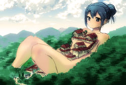 Rule 34 | 1girl, blue eyes, blue hair, borusen, building, bus, cloud, giant, giantess, highres, house, knees together feet apart, landscape, lying, matching hair/eyes, motor vehicle, mountain, nature, nude, outdoors, sketch, vehicle