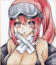 Rule 34 | 1girl, :o, bikini, black bikini, black jacket, blue archive, blush stickers, breasts, cleavage, commentary request, dakkusu, eimi (swimsuit) (blue archive), goggles, goggles on head, hair between eyes, highres, jacket, large breasts, long hair, looking at viewer, marker (medium), off shoulder, open clothes, open jacket, pink eyes, ponytail, red hair, solo, swimsuit, swimsuit under clothes, traditional media, upper body