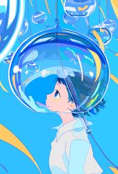 Rule 34 | 1girl, black hair, blouse, blue background, blue eyes, collared shirt, flat color, from side, highres, original, profile, qqmng, shirt, short hair, short sleeves, simple background, solo, transparent, upper body, white shirt, wind chime