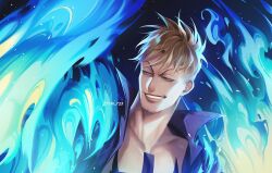 Rule 34 | 1boy, anchor tattoo, artist name, blonde hair, blue eyes, blue fire, chest tattoo, collarbone, commentary request, facial hair, fire, male focus, marco (one piece), mohawk, one piece, open clothes, rami rz, shirt, short hair, smile, solo, tattoo, teeth, thai commentary