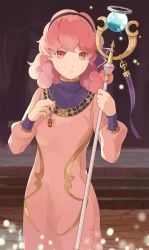 Rule 34 | 1girl, curly hair, dress, fire emblem, fire emblem echoes: shadows of valentia, genny (fire emblem), hairband, highres, holding, holding staff, jewelry, long dress, long sleeves, necklace, nintendo, pink dress, pink eyes, pink hair, solo, staff, stairs, standing, yayster