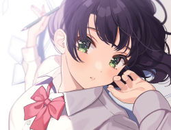 Rule 34 | 1girl, black hair, blurry, blurry background, bow, bowtie, close-up, commentary request, green eyes, highres, long hair, long sleeves, looking at viewer, lying, on back, original, pencil, red bow, red bowtie, shigure ui, shirt, solo, upper body, white shirt