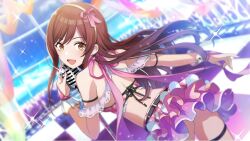 Rule 34 | 1girl, belt, brown eyes, brown hair, earrings, game cg, hairband, idol clothes, idolmaster, idolmaster shiny colors, jewelry, microphone, official art, open mouth, osaki amana, skirt, wrist cuffs
