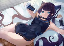 Rule 34 | 1girl, absurdres, armpits, bare shoulders, black dress, blue eyes, blunt bangs, blush, breasts, chankuro, china dress, chinese clothes, cleavage, detached sleeves, dress, fate/grand order, fate (series), hair ornament, highres, large breasts, long hair, looking at viewer, lying, on back, purple hair, side slit, sidelocks, solo, thighs, twintails, very long hair, yang guifei (fate), yang guifei (second ascension) (fate)