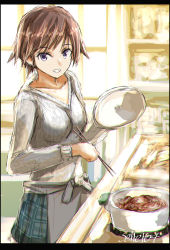 Rule 34 | 1girl, alternate costume, apron, breasts, brown hair, chopsticks, chromatic aberration, commentary request, cooking, food, green skirt, hiei (kancolle), highres, indoors, kantai collection, kitchen, long sleeves, looking at viewer, medium breasts, seitei (04seitei), short hair, skirt, solo, steam
