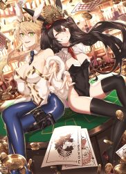 Rule 34 | 2girls, absurdres, ahoge, animal ears, artoria pendragon (all), artoria pendragon (fate), artoria pendragon (swimsuit ruler) (fate), between breasts, black hair, black legwear, black leotard, blonde hair, blue pantyhose, breasts, card, casino, cleavage, clothing cutout, coin, covered navel, detached collar, fake animal ears, fate/grand order, fate (series), floating hair, fumato, green eyes, hair between eyes, highres, holster, large breasts, leotard, long hair, looking at viewer, medium breasts, multiple girls, navel, navel cutout, necktie, necktie between breasts, oda nobunaga (fate), oda nobunaga (koha-ace), one eye closed, open mouth, pantyhose, playboy bunny, playing card, poker table, rabbit ears, red eyes, sitting, slot machine, smile, table, teeth, thigh holster, thighhighs, tiara, two side up, upper teeth only, very long hair, white leotard