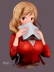 Rule 34 | 1girl, braid, covering own mouth, gradient hair, grey background, kantai collection, light brown hair, long hair, looking at viewer, low twin braids, minegumo (kancolle), multicolored hair, official alternate costume, red eyes, red shirt, righgi, shirt, simple background, solo, twin braids, twitter username, upper body