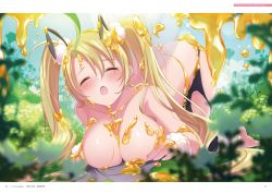Rule 34 | 1girl, antennae, barefoot, blonde hair, blush, breasts, closed eyes, embarrassed, fake antennae, fake wings, feet, female focus, flower, functionally nude, fur trim, grass, highres, honey, large breasts, legs, long hair, lying, messy, official art, omega labyrinth, omega labyrinth life, open mouth, original, ourenji berune, outdoors, page number, plant, solo, thighs, toes, top-down bottom-up, torn clothes, twintails, u35, very long hair, wings