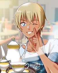 Rule 34 | 1boy, amuro tooru, androgynous, apron, blonde hair, blue apron, blue eyes, blurry, cafe, chair, commentary request, cup, dark-skinned male, dark skin, depth of field, grin, highres, index finger raised, male focus, meitantei conan, mugicha (zoro1132), one eye closed, saucer, smile, solo, sparkle, spoon, steam, table, teacup, teapot, tray, upper body