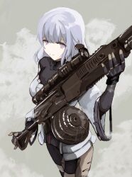 Rule 34 | 1girl, absurdres, arm up, black gloves, black pantyhose, black shirt, black shorts, closed mouth, commentary request, drum magazine, elbow gloves, girls&#039; frontline, gloves, grey background, grey eyes, grey hair, gun, high-capacity magazine, highres, jacket, light machine gun, long hair, long sleeves, machine gun, magazine (weapon), name connection, nisoichi, object namesake, off-shoulder jacket, off shoulder, pantyhose, pantyhose under shorts, rpk-16, rpk-16 (girls&#039; frontline), scope, shirt, short shorts, shorts, simple background, smile, solo, standing, weapon, white jacket, wide sleeves