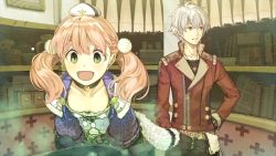 Rule 34 | 10s, 1boy, 1girl, :d, atelier (series), atelier escha &amp; logy, blush, brown eyes, choker, escha malier, game cg, green eyes, hand on own hip, hat, hidari (left side), jacket, jewelry, logix ficsario, necklace, official art, open mouth, parted lips, pink hair, short hair, smile, twintails, white hair