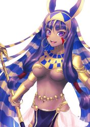 Rule 34 | 1girl, animal ears, blonde hair, breasts, commentary request, earrings, egyptian clothes, facial mark, fate/grand order, fate (series), gold, hair tubes, hairband, highres, holding, holding scepter, hoop earrings, jackal ears, jewelry, lo lis, medium breasts, multicolored hair, navel, nitocris (fate), nitocris (third ascension) (fate), open mouth, purple eyes, purple hair, revealing clothes, scepter, smile, solo, two-tone hair, upper body, usekh collar