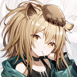 Rule 34 | 1girl, animal ears, arknights, bare shoulders, black shirt, brown eyes, brown hair, choker, green jacket, jacket, lion ears, lion paw, long hair, looking at viewer, mouth hold, off shoulder, official alternate costume, portrait, quan (kurisu tina), shirt, siege (arknights), siege (legacy) (arknights), solo, tank top, zoom layer