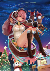 Rule 34 | 1girl, absurdres, antlers, bell, blush, box, breasts, christmas, cleavage, cleavage cutout, clothing cutout, deer, gift, gift box, gyakushuu no hoshiumi, hat, headphones, highres, hood, horns, large breasts, long hair, looking at viewer, meme attire, nitroplus, no pants, open-chest sweater, open mouth, panties, pink eyes, pink hair, reindeer, revision, ribbed sweater, santa hat, smile, solo, striped clothes, striped panties, sunglasses, super sonico, sweater, turtleneck, underwear