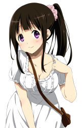 Rule 34 | 10s, 1girl, absurdres, anime coloring, bag, black hair, blush, breasts, chitanda eru, cleavage, collar tug, collarbone, dress, eyelashes, highres, hyouka, large breasts, leaning forward, long hair, official style, ponytail, purple eyes, ragho no erika, scrunchie, shoulder bag, simple background, smile, solo, sweat, white background, white dress