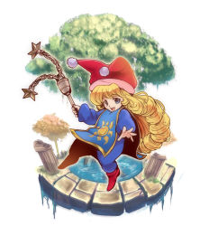 Rule 34 | 1girl, :d, blue bodysuit, bodysuit, charlotte (seiken densetsu 3), curly hair, flail, full body, hat, holding, holding weapon, jester cap, koshi (meermisa), long hair, long sleeves, looking at viewer, open mouth, pom pom (clothes), red footwear, red hat, seiken densetsu, seiken densetsu 3, simple background, smile, solo, sun symbol, tabard, teeth, tree, water, weapon, white background