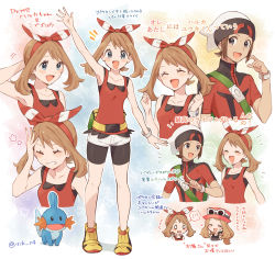 Rule 34 | 0 0, 1boy, 2girls, :d, arm up, artist name, backpack, bag, beanie, bike shorts, blush, bow hairband, bracelet, brendan (pokemon), brown hair, clenched hands, closed eyes, collarbone, commentary request, creatures (company), eyelashes, game freak, gen 3 pokemon, green bag, hairband, hand up, hands up, hat, heart, highres, jacket, jewelry, may (pokemon), mudkip, multiple girls, nintendo, notice lines, open mouth, outline, parted lips, pointing, pokemon, pokemon (creature), pokemon masters ex, pokemon oras, pokemon xy, red hairband, red shirt, serena (pokemon), shirt, shoes, short sleeves, shorts, sleeveless, sleeveless shirt, smile, standing, star (symbol), sunglasses, tongue, translation request, white-framed eyewear, white headwear, white shorts, yairo (sik s4), yellow footwear, zipper pull tab, |d