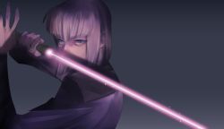 Rule 34 | 1boy, beam saber, blue eyes, closed mouth, gundam, gundam seed, holding, holding lightsaber, holding sword, holding weapon, jacket, lightsaber, long hair, long sleeves, looking at viewer, male focus, nito minatsuki, purple jacket, silver hair, solo, sword, upper body, weapon, yzak joule