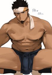 Rule 34 | 1boy, abs, bara, covered penis, dark-skinned male, dark skin, facial hair, goatee, goburin second, headband, highres, large pectorals, looking at viewer, love handles, male focus, mature male, muscular, muscular male, navel, nipples, original, pectorals, pelvic curtain, short hair, solo, spread legs, stomach, thick eyebrows, tsurime