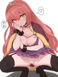 Rule 34 | 1girl, ?, wrist belt, black footwear, black thighhighs, breasts, brown cape, cape, cleavage, closed mouth, crown, dress, garter straps, hand up, head tilt, high heels, large breasts, long hair, looking at viewer, oda nobunaga (sengoku collection), panties, pantyshot, purple dress, red hair, sengoku collection, simple background, solo, spoken question mark, spread legs, squatting, sumiyao (amam), tassel, thighhighs, underwear, white background, white panties, yellow eyes