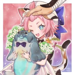 Rule 34 | 1boy, 1girl, :3, animal ear fluff, animal ears, artist name, bangs pinned back, black bow, black bowtie, blubberbeast (genshin impact), blue bow, blush, border, bouquet, bow, bowtie, cat ears, cat girl, cat tail, diona (genshin concert) (genshin impact), diona (genshin impact), dress, fang, flower, genshin impact, hand on another&#039;s head, hand up, hat, hat bow, headpat, highres, holding, holding bouquet, karanashi mari, looking at viewer, multicolored tail, official alternate costume, one eye closed, open mouth, pink background, pink hair, purple background, smile, tail, thick eyebrows, two-tone background, white border, white dress, white headwear