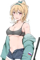 Rule 34 | 1girl, absurdres, ankoiri, blonde hair, blush, bow, breasts, denim, denim shorts, girls&#039; frontline, green bow, green hairband, gun, hair bow, hairband, highres, jacket, large breasts, long hair, looking at viewer, number tattoo, open fly, ponytail, red eyes, russian flag, shorts, simple background, smile, solo, sports bra, sv-98 (girls&#039; frontline), sweat, tattoo, underboob, undressing, weapon, white background