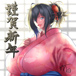 Rule 34 | artist name, black hair, breasts, grey eyes, hair ornament, hand on own chest, hatsusora sakuta, huge breasts, japanese clothes, japanese text, looking at viewer, new year, open mouth, original, upper body