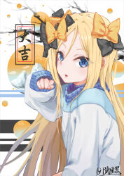 Rule 34 | 1girl, abigail williams (fate), absurdres, alternate costume, baggy clothes, baw hei, black bow, blonde hair, blue eyes, bow, commentary request, fate/grand order, fate (series), forehead, hair between eyes, hair bow, highres, long hair, looking at viewer, open mouth, orange bow, parted bangs, sleeves past wrists, solo, sweater, twitter username, very long hair, white sweater