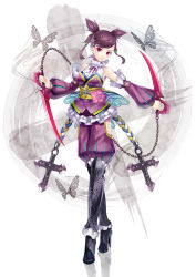 Rule 34 | 1girl, bare shoulders, boots, braid, bug, butterfly, chain, christian girl, cross, crossed legs, detached sleeves, dual wielding, full body, hair ornament, high heels, highres, hip vent, holding, insect, japanese clothes, k+, crossed legs, lolita fashion, obi, original, pink eyes, purple hair, quad tails, red eyes, sash, shoes, solo, standing, wa lolita, watson cross, weapon