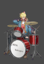 Rule 34 | 1boy, absurdres, animal ears, bakugou katsuki, black gloves, black jacket, black pants, blonde hair, blue jacket, boku no hero academia, brown footwear, cat ears, character name, commentary request, drum, drumsticks, extra ears, gloves, grey background, headphones, headphones around neck, highres, holding, holding drumsticks, instrument, jacket, long sleeves, looking at viewer, male focus, open mouth, pants, recycled, red eyes, shirt, shoes, short hair, simple background, sitting, spiked hair, tongue, tongue out, torn clothes, torn pants, white shirt