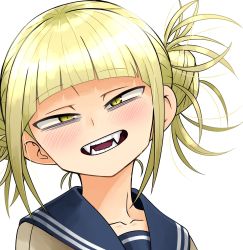 Rule 34 | 10s, 1girl, blonde hair, blunt bangs, boku no hero academia, commentary, double bun, evolvingmonkey, fangs, hair bun, highres, light smile, looking at viewer, open mouth, portrait, school uniform, serafuku, simple background, slit pupils, solo, toga himiko, white background, yellow eyes