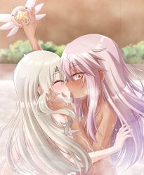 Rule 34 | 2girls, absurdres, blonde hair, blush, chloe von einzbern, closed eyes, completely nude, dark-skinned female, dark skin, fate/kaleid liner prisma illya, fate (series), french kiss, highres, illyasviel von einzbern, kiss, long hair, looking at viewer, looking to the side, magical ruby, minto yupo, multiple girls, nude, onsen, pink hair, saliva, saliva trail, sweat, tongue, tongue out, very long hair, yellow eyes, yuri