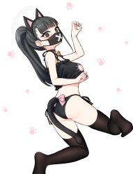 Rule 34 | 1girl, 28 (282teeth), animal ears, ass, bell, black bra, black eyes, black hair, black mask, black panties, black thighhighs, blue archive, bow, bra, breasts, cat cutout, cat ears, cat lingerie, choker, cleavage, cleavage cutout, clothing cutout, delinquent, fake animal ears, fake tail, from behind, full body, grey eyes, high ponytail, highres, kneeling, lingerie, mask, medium breasts, meme attire, mouth mask, neck bell, panties, paw pose, side-tie panties, sukeban, sukeban (smg) (blue archive), surgical mask, tail, tail bow, tail ornament, thighhighs, underwear