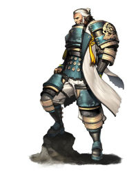 Rule 34 | 10s, 1boy, arm at side, armor, armored boots, beard, blade &amp; soul, boots, breastplate, closed mouth, facial hair, faux figurine, folded ponytail, full body, kim hyung tae, knee boots, male focus, pants, pauldrons, profile, rock, serious, shin guards, shoulder armor, simple background, solo, standing, tassel, white background, white hair, white pants