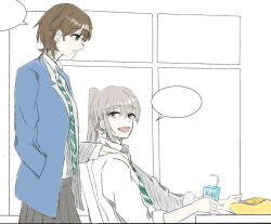 Rule 34 | 2girls, blue jacket, brown eyes, brown hair, commentary, diagonal-striped clothes, diagonal-striped necktie, drinking straw, fang, girls band cry, green necktie, grey hair, grey skirt, hand in pocket, hand on another&#039;s shoulder, jacket, kawaragi momoka, long hair, milk carton, momokan 1209, multiple girls, nana (girls band cry), necktie, open clothes, open jacket, open mouth, pleated skirt, ponytail, school uniform, shirt, shirt tucked in, short hair, sidelocks, skirt, sleeves past elbows, striped clothes, teeth, upper teeth only, white shirt