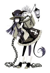 Rule 34 | 1girl, basket, black gloves, black hair, chain, commentary, crescent, dress, elbow gloves, english commentary, frilled dress, frills, full body, gloves, goat girl, goat horns, goat tail, hat, highres, horns, lantern, long hair, looking at viewer, original, pantyhose, scarf, simple background, solo, standing, tail, top hat, white background, woraya chotikul