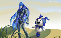 Rule 34 | 1boy, androgynous, bodysuit, collarbone, eyelashes, gloves, highres, jack frost (megami tensei), long hair, looking at viewer, male focus, protagonist (smtv), purple hair, shin megami tensei, shin megami tensei v, snowscapism, very long hair, yellow eyes