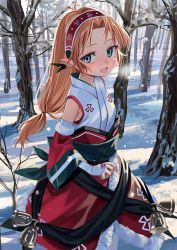 Rule 34 | 1girl, :d, bad id, bad twitter id, blue eyes, blush, character request, fur-trimmed skirt, fur trim, green sash, hairband, highres, long hair, looking at viewer, low-tied long hair, luicent, open mouth, orange hair, pointy ears, red hairband, red skirt, sash, skirt, smile, snow, solo, standing, utawarerumono
