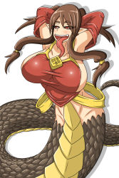 Rule 34 | 1girl, arm behind head, armpits, bare shoulders, breasts, brown hair, detached sleeves, dr. bug, dr.kumamushi, female focus, highres, huge breasts, lamia, long hair, monster girl, open mouth, pointy ears, red eyes, sideboob, simple background, solo, tongue, twintails, white background
