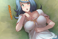 Rule 34 | 1girl, aqua eyes, blue hair, blush, breasts, cleavage, collarbone, commentary request, creatures (company), ero kaeru, freckles, from above, game freak, grass, hair ornament, lana&#039;s mother (pokemon), long hair, looking at viewer, lying, mature female, nintendo, no sclera, on back, open mouth, pokemon, pokemon (anime), pokemon sm (anime), shirt, shirt grab, short sleeves, solo, tongue, translated