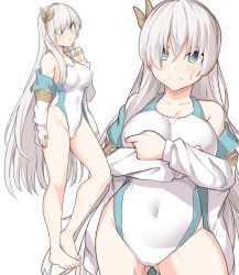 Rule 34 | 1girl, anastasia (fate), bare shoulders, blue eyes, breasts, collarbone, covered navel, eyes visible through hair, fate/grand order, fate (series), full body, hair over one eye, hairband, jacket, large breasts, long hair, looking at viewer, multiple views, off-shoulder jacket, off shoulder, one-piece swimsuit, shiseki hirame, silver hair, simple background, swimsuit, very long hair, white background, white jacket, white one-piece swimsuit