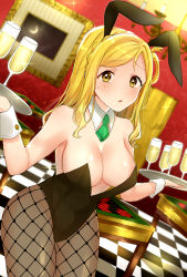 Rule 34 | 1girl, :&lt;, alcohol, animal ears, armpits, bad id, bad pixiv id, blonde hair, blush, braid, breasts, candle, champagne, champagne flute, chandelier, cleavage, crown braid, cup, detached collar, drinking glass, fake animal ears, fishnet pantyhose, fishnets, green neckwear, highleg, highres, kazepana, large breasts, leotard, looking at viewer, love live!, love live! sunshine!!, matching hair/eyes, medium breasts, medium hair, necktie, ohara mari, open mouth, pantyhose, picture frame, playboy bunny, rabbit ears, sparkle, strapless, table, tray, waitress, wrist cuffs, yellow eyes