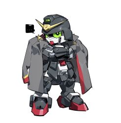 Rule 34 | ..., bright pupils, chibi, clothed robot, coat, coat on shoulders, commentary, crossed arms, full body, g gundam, green eyes, grey coat, gundam, gundam spiegel, highres, long sleeves, looking at viewer, mecha, no humans, pipebomb (cracker68659106), robot, science fiction, sd gundam, simple background, solo, spoken ellipsis, standing, super robot, symbol-only commentary, v-fin, white background, white pupils