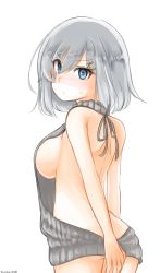 Rule 34 | 10eki (tenchou), 10s, 1girl, alternate costume, ass, backless outfit, bare back, bare shoulders, blue eyes, blush, breasts, eyes visible through hair, hair ornament, hair over one eye, hairclip, hamakaze (kancolle), highres, kantai collection, large breasts, looking at viewer, meme attire, naked sweater, short hair, sideboob, silver hair, sleeveless, solo, sweater, turtleneck, virgin killer sweater